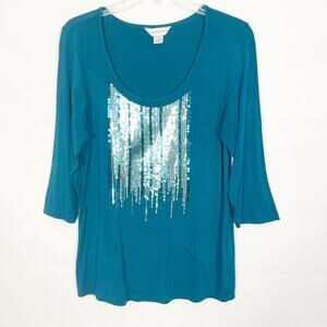 Christopher & Banks 3/4 Sleeve Sequin Blue Top Size S